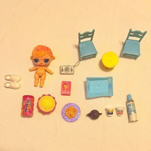 Dollhouse Miniatures Lot w/ Doll, Chairs, Table, Tray, Food & Drink Items